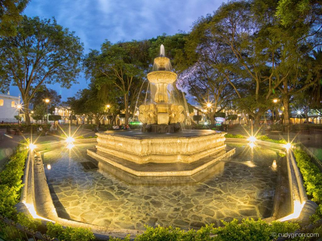 Fuente de Las Sirenas in Antigua Guatemala captured at the blue hour with a fisheye lens. © Rudy Giron